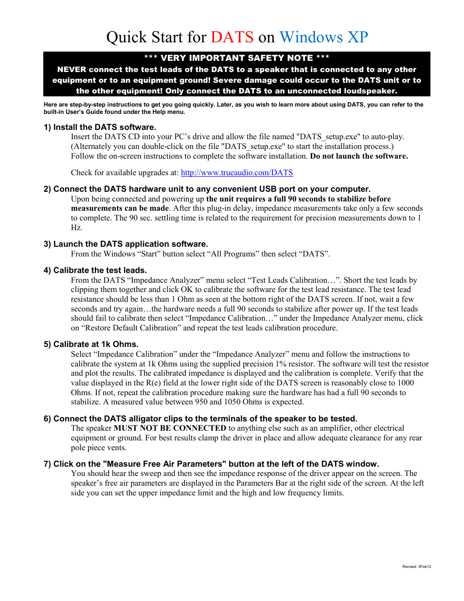 Quick start for dats on windows xp | Dayton Audio DATS Dayton Audio Test System User Manual | Page 7 / 8