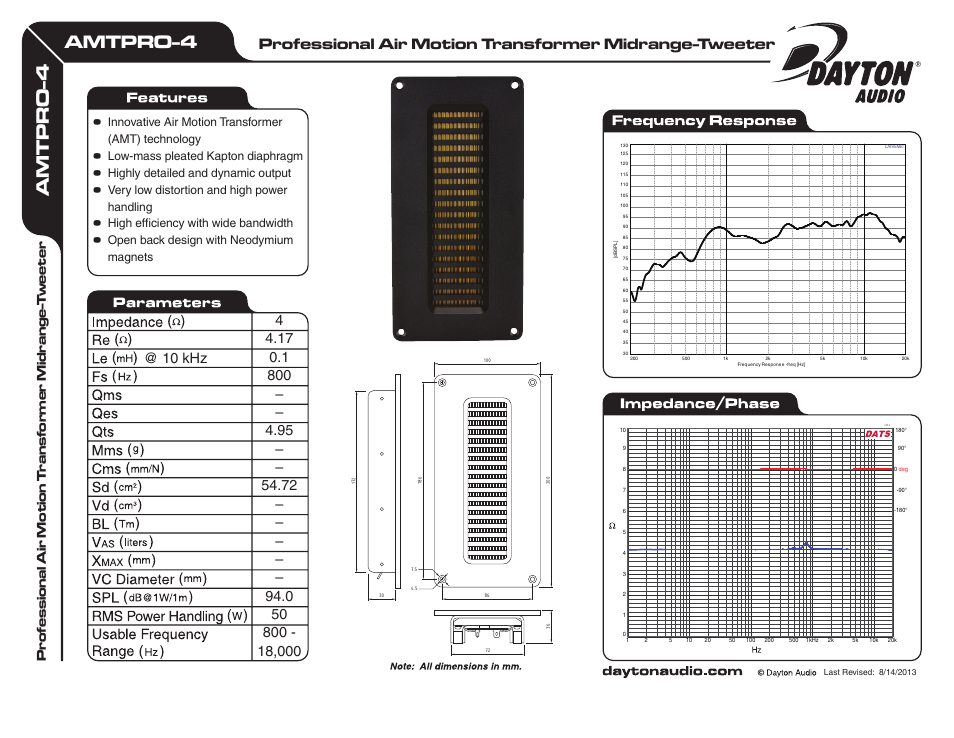 Dayton Audio AMTPRO-4 Air Motion Transformer Tweeter 4 Ohm User Manual | 1 page