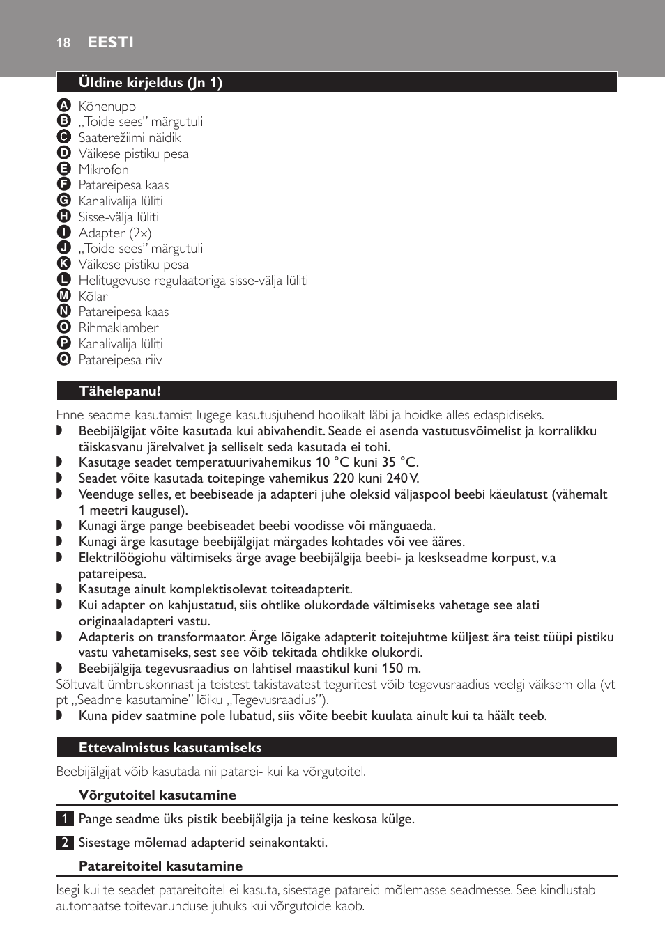 Eesti, Üldine kirjeldus﻿ (jn 1), Tähelepanu | Ettevalmistus kasutamiseks, Võrgutoitel kasutamine | Philips SBCSC361 User Manual | Page 18 / 72
