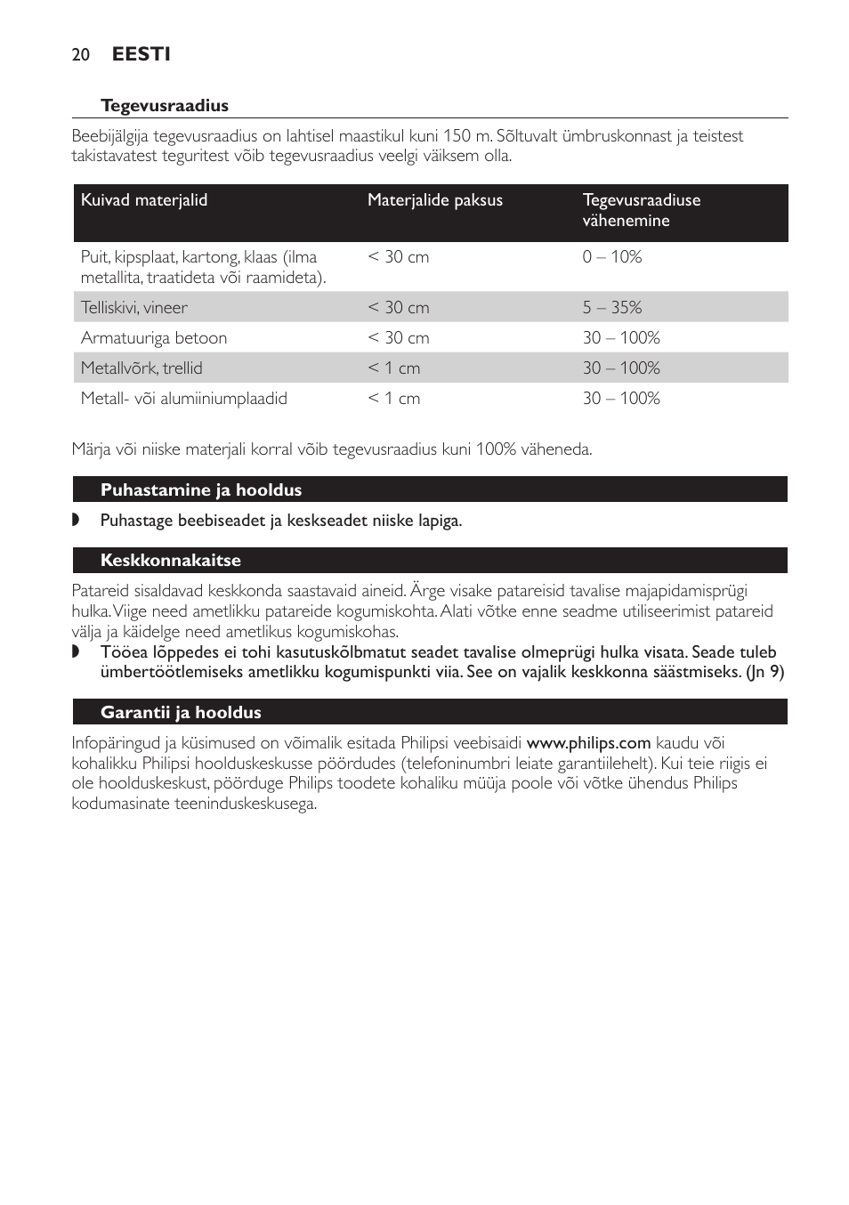 Puhastamine ja hooldus, Keskkonnakaitse, Garantii ja hooldus | Sageli esitatavad küsimused | Philips SBCSC361 User Manual | Page 20 / 72