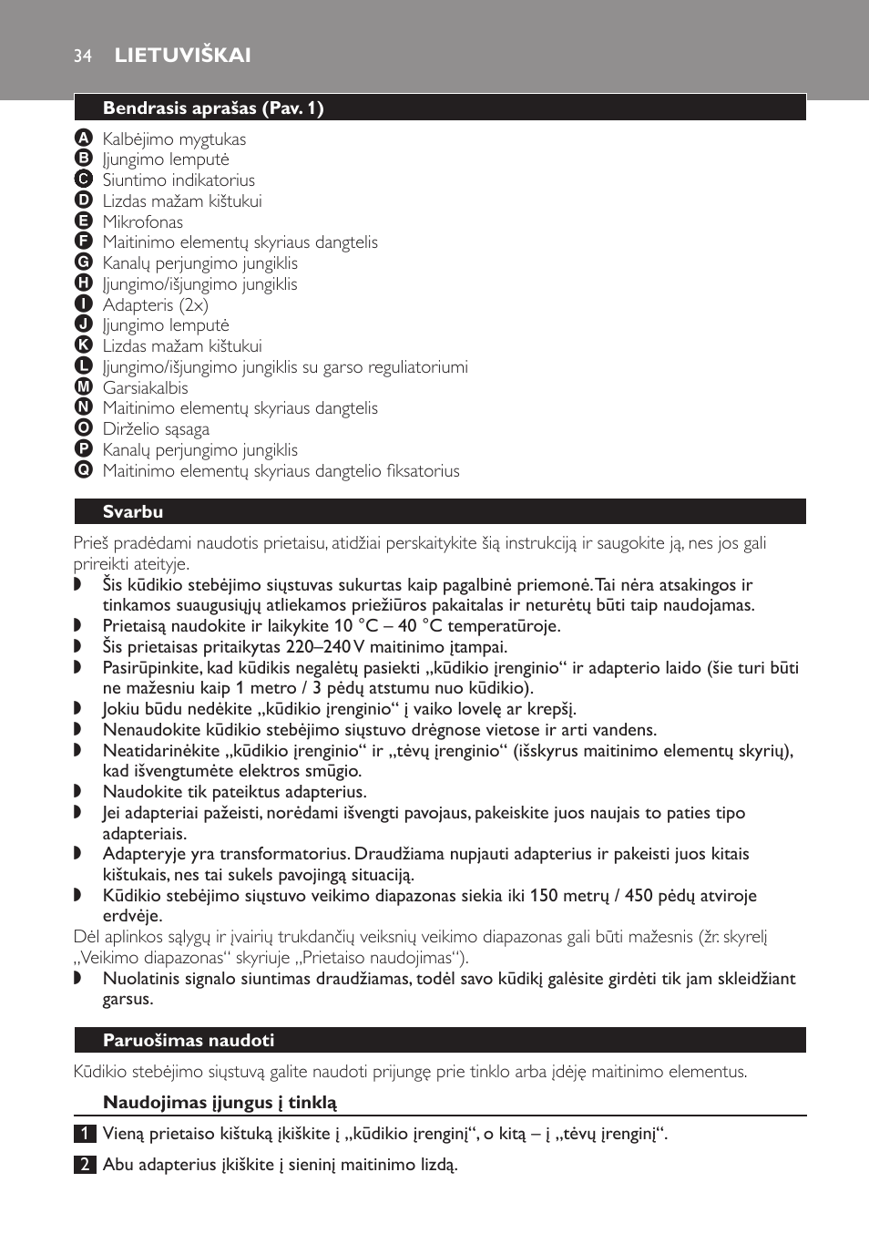 Lietuviškai, Bendrasis aprašas﻿ (pav. 1), Svarbu | Paruošimas naudoti, Naudojimas įjungus į tinklą | Philips SBCSC361 User Manual | Page 34 / 72