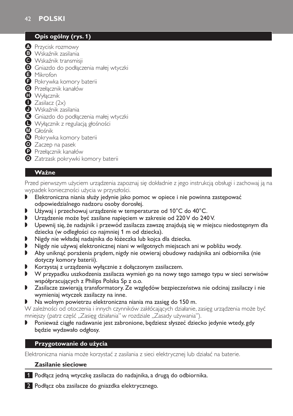 Polski, Opis ogólny﻿ (rys. 1), Ważne | Przygotowanie do użycia, Zasilanie sieciowe | Philips SBCSC361 User Manual | Page 42 / 72