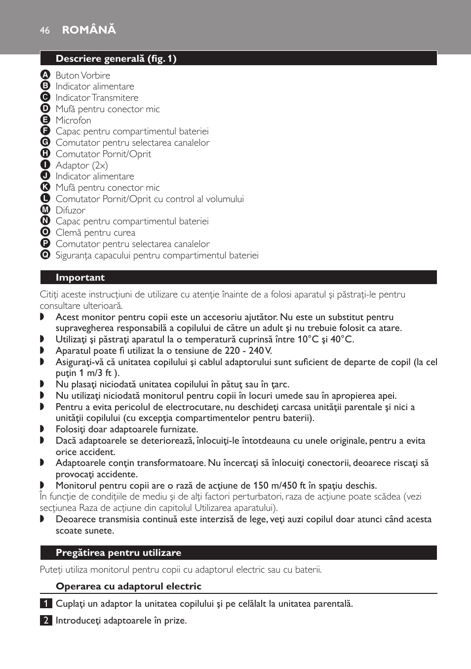 Română, Descriere generală﻿ (fig. 1), Important | Pregătirea pentru utilizare, Operarea cu adaptorul electric | Philips SBCSC361 User Manual | Page 46 / 72