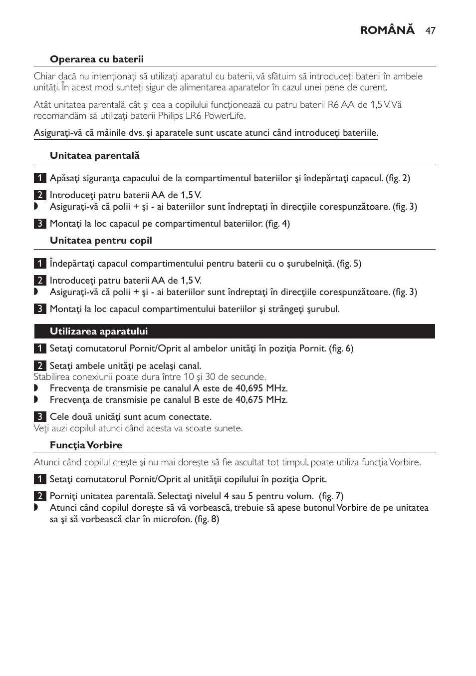 Operarea cu baterii, Unitatea parentală, Unitatea pentru copil | Utilizarea aparatului, Funcţia vorbire, Raza de acţiune | Philips SBCSC361 User Manual | Page 47 / 72