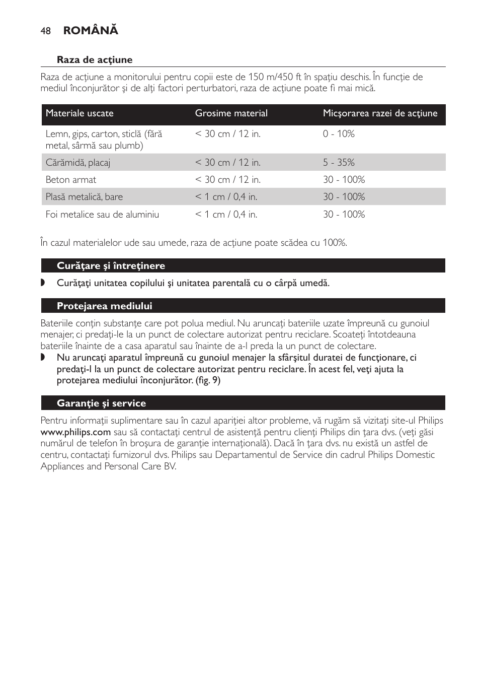 Curăţare şi întreţinere, Protejarea mediului, Garanţie şi service | Întrebări frecvente | Philips SBCSC361 User Manual | Page 48 / 72