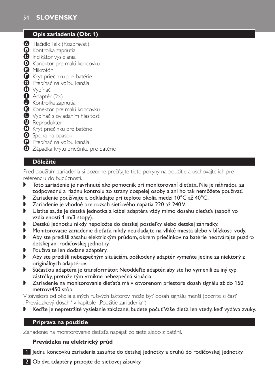 Slovensky, Opis zariadenia﻿ (obr. 1), Dôležité | Príprava na použitie, Prevádzka na elektrický prúd | Philips SBCSC361 User Manual | Page 54 / 72