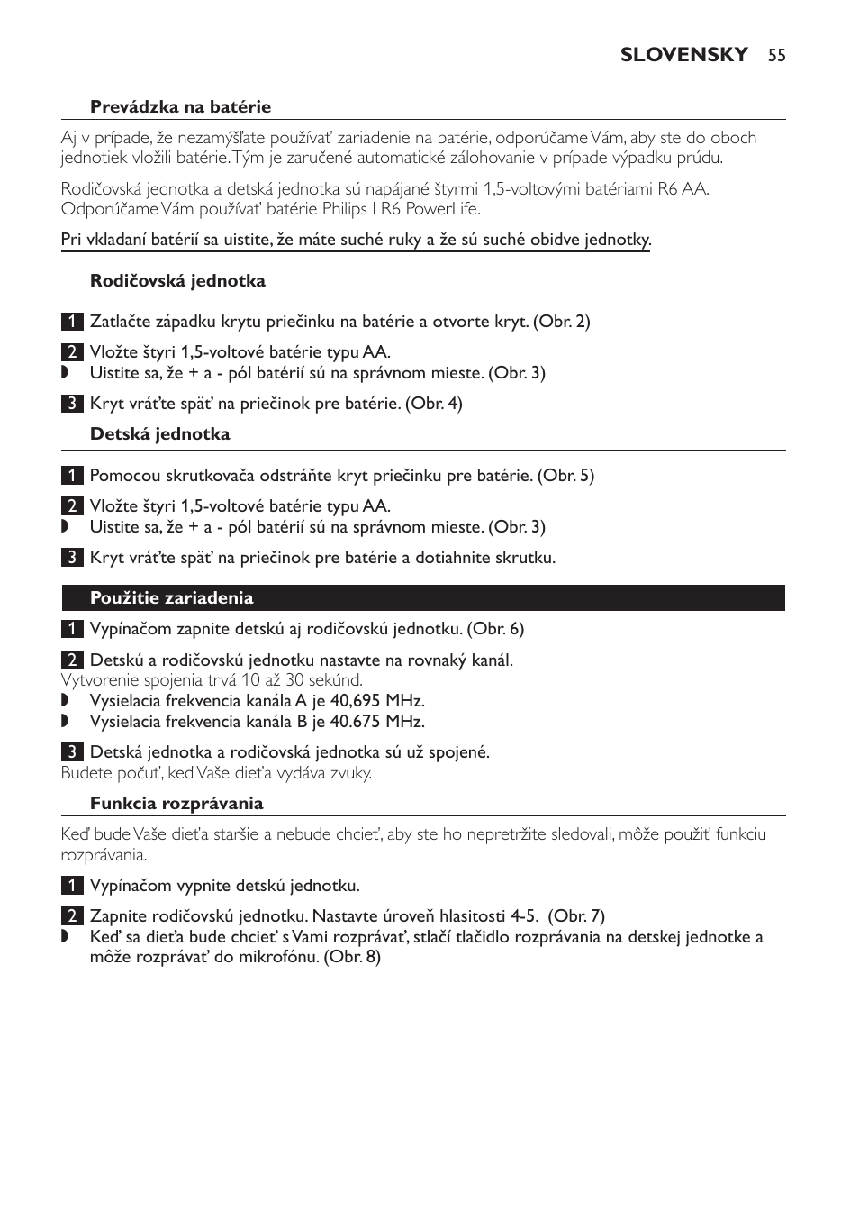 Prevádzka na batérie, Rodičovská jednotka, Detská jednotka | Použitie zariadenia, Funkcia rozprávania, Prevádzkový dosah | Philips SBCSC361 User Manual | Page 55 / 72