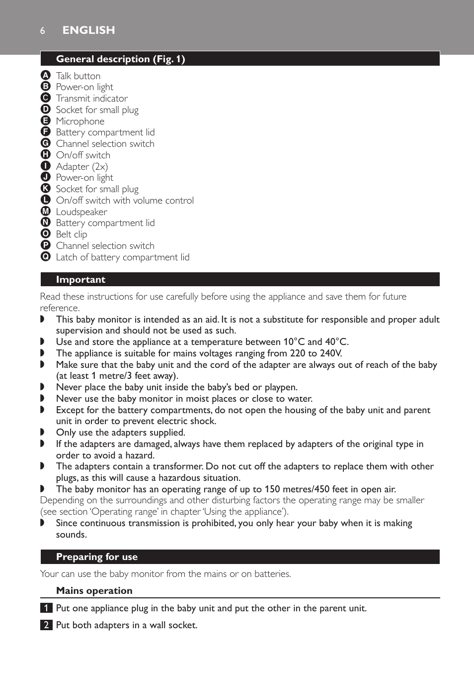 English, General description﻿ (fig. 1), Important | Preparing for use, Mains operation | Philips SBCSC361 User Manual | Page 6 / 72
