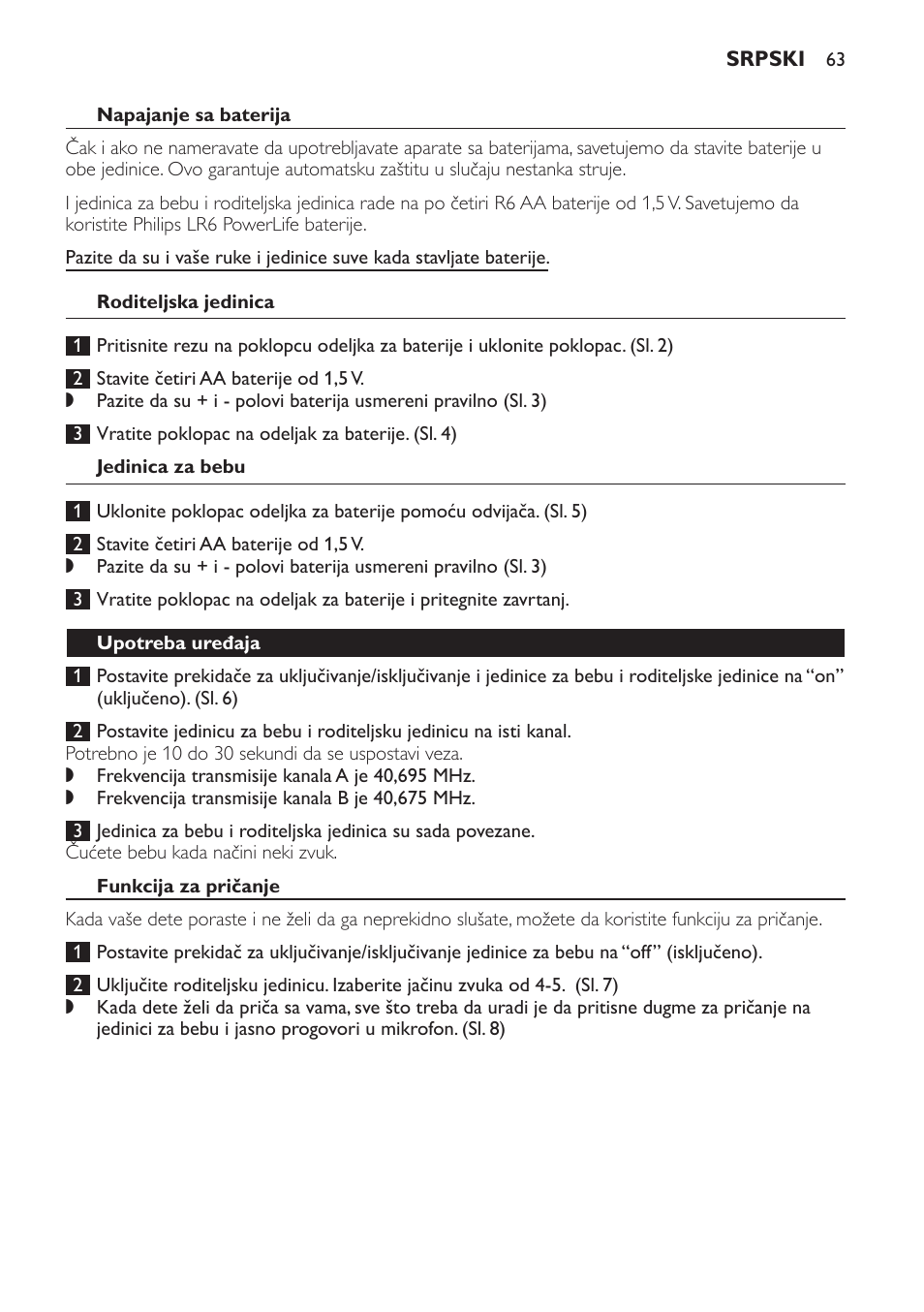 Napajanje sa baterija, Roditeljska jedinica, Jedinica za bebu | Upotreba uređaja, Funkcija za pričanje, Radni domet | Philips SBCSC361 User Manual | Page 63 / 72