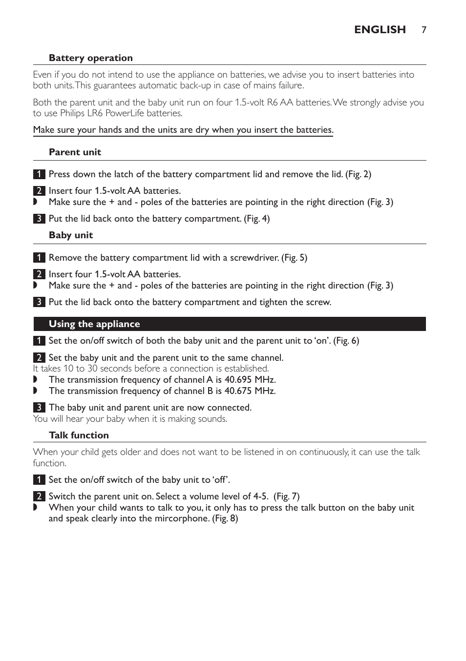 Battery operation, Parent unit, Baby unit | Using the appliance, Talk function, Operating range | Philips SBCSC361 User Manual | Page 7 / 72