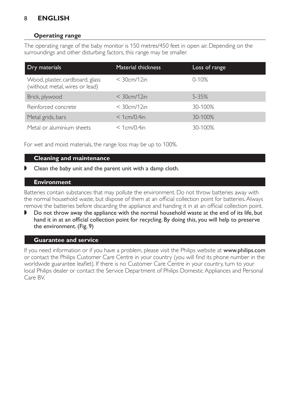 Cleaning and maintenance, Environment, Guarantee and service | Frequently asked questions | Philips SBCSC361 User Manual | Page 8 / 72