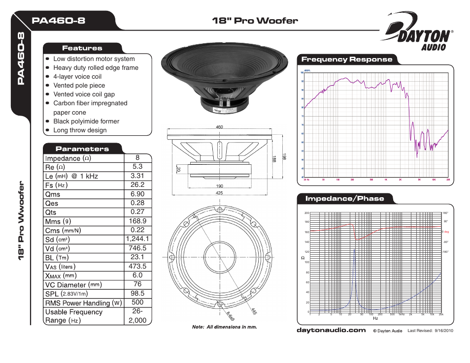 Dayton Audio PA460-8 18" Pro Woofer User Manual | 1 page
