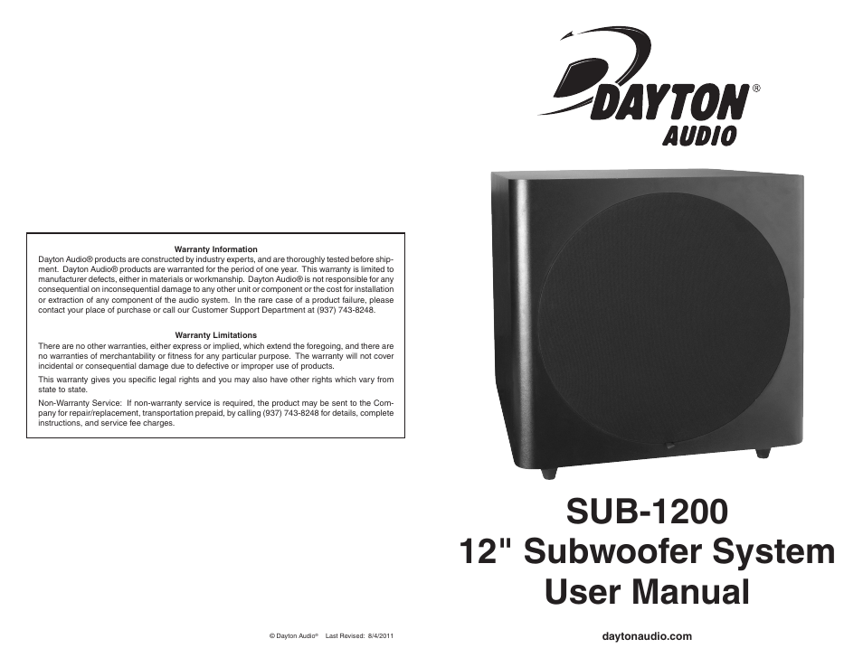 Dayton Audio SUB-1200 12" 120 Watt Powered Subwoofer User Manual | 2 pages