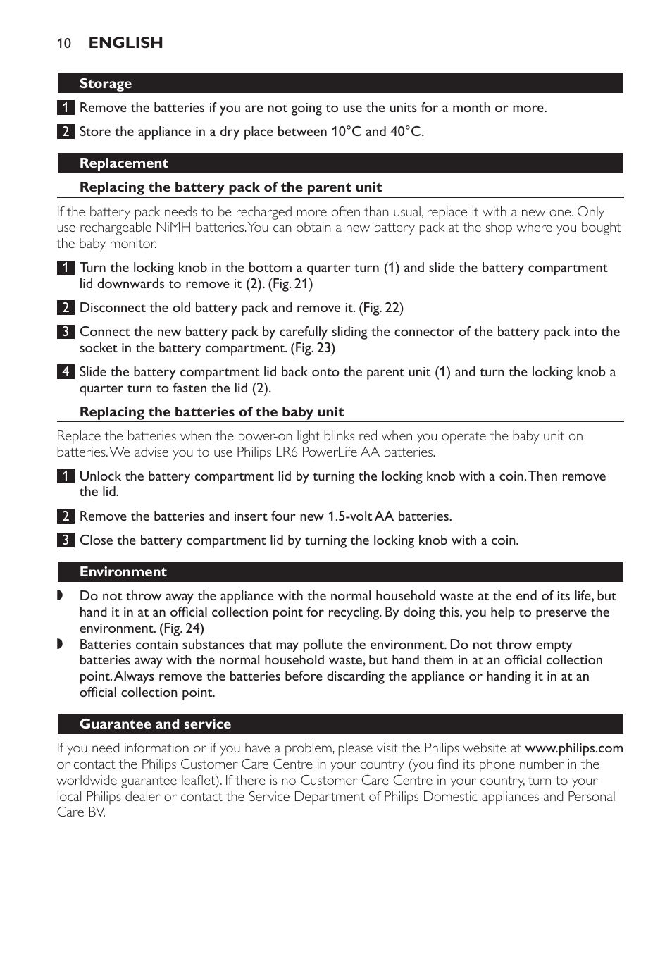 Storage, Replacement, Replacing the battery pack of the parent unit | Replacing the batteries of the baby unit, Environment, Guarantee and service, Frequently asked questions | Philips SCX465 User Manual | Page 10 / 132