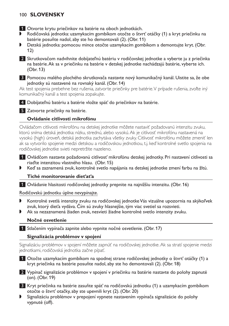 Ovládanie citlivosti mikrofónu, Tiché monitorovanie dieťaťa, Nočné osvetlenie | Signalizácia problémov v spojení, Čistenie | Philips SCX465 User Manual | Page 100 / 132