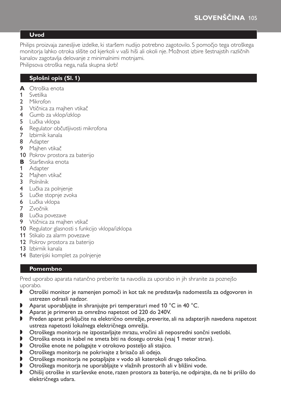 Slovenščina, Uvod, Splošni opis﻿ (sl. 1) | Pomembno | Philips SCX465 User Manual | Page 105 / 132