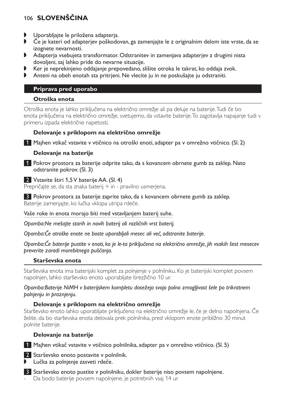 Priprava pred uporabo, Otroška enota, Delovanje s priklopom na električno omrežje | Delovanje na baterije, Starševska enota | Philips SCX465 User Manual | Page 106 / 132