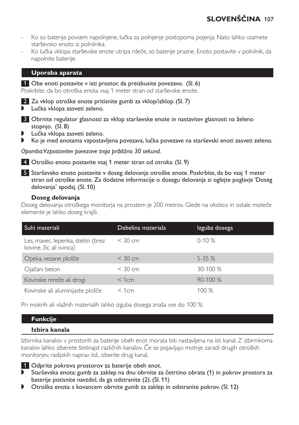 Doseg delovanja, Uporaba aparata, Funkcije | Izbira kanala | Philips SCX465 User Manual | Page 107 / 132