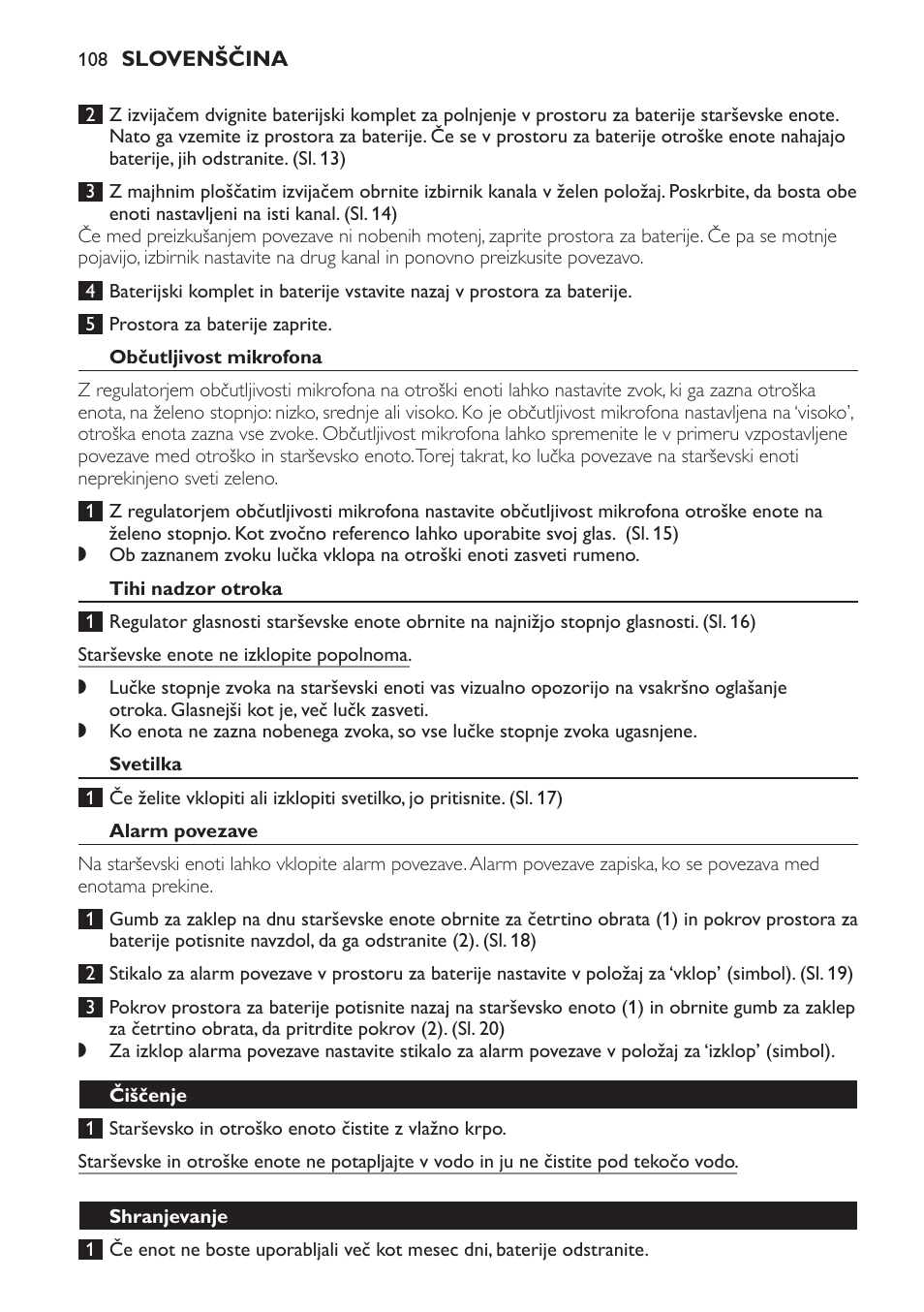 Občutljivost mikrofona, Tihi nadzor otroka, Svetilka | Alarm povezave, Čiščenje, Shranjevanje | Philips SCX465 User Manual | Page 108 / 132
