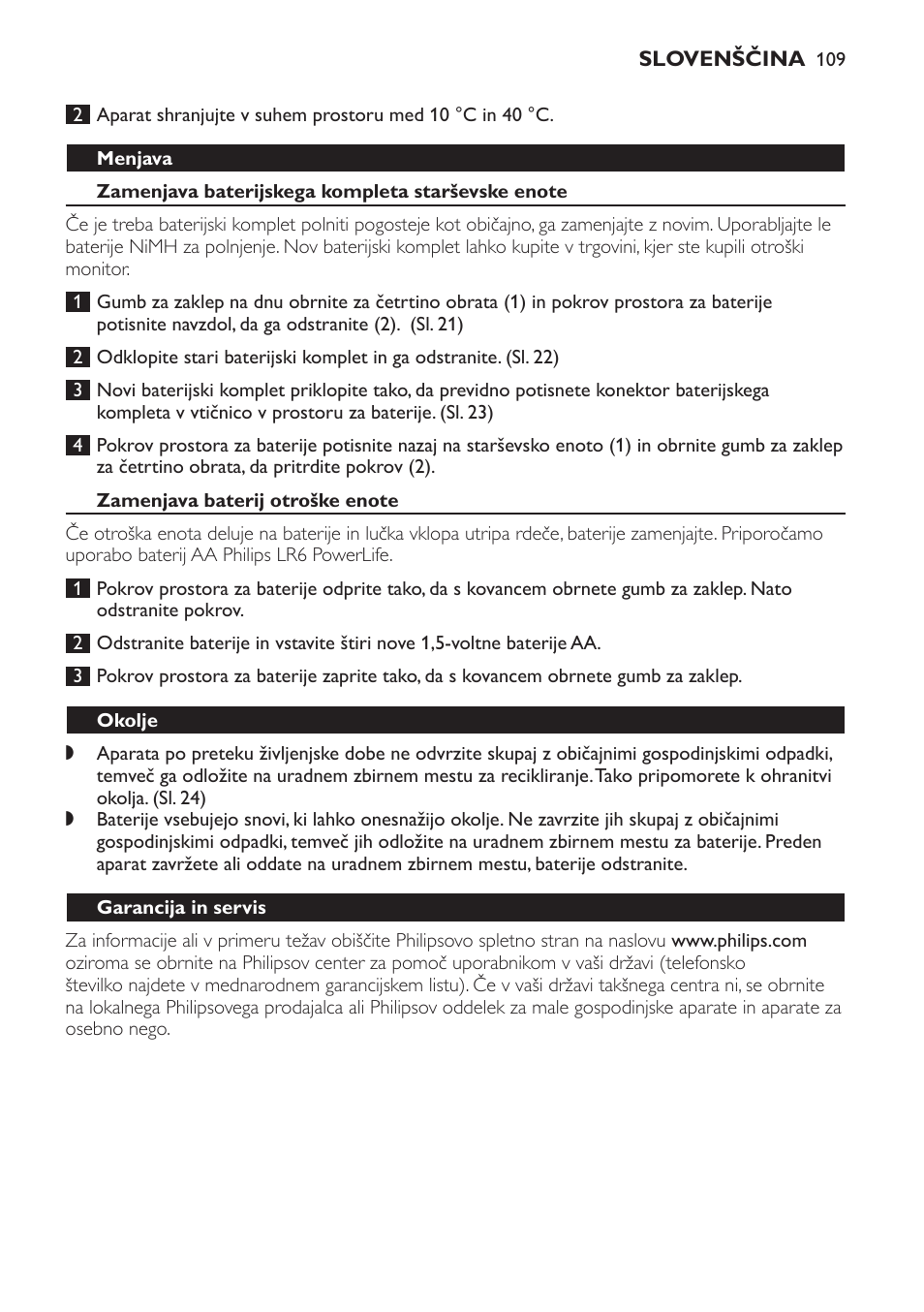 Menjava, Zamenjava baterijskega kompleta starševske enote, Zamenjava baterij otroške enote | Okolje, Garancija in servis, Pogosto zastavljena vprašanja | Philips SCX465 User Manual | Page 109 / 132