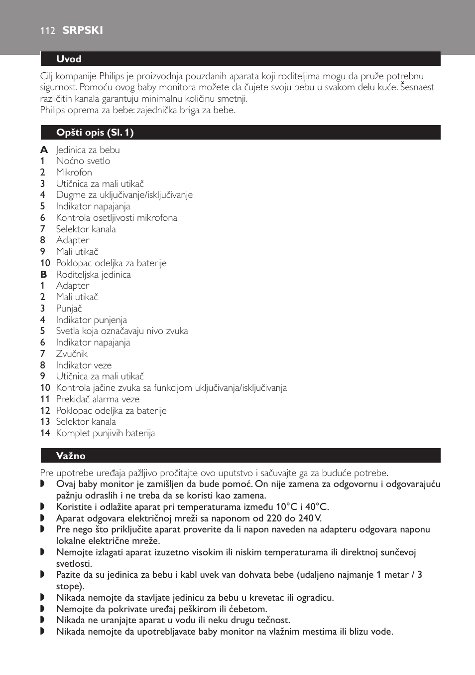 Srpski, Uvod, Opšti opis﻿ (sl. 1) | Važno | Philips SCX465 User Manual | Page 112 / 132