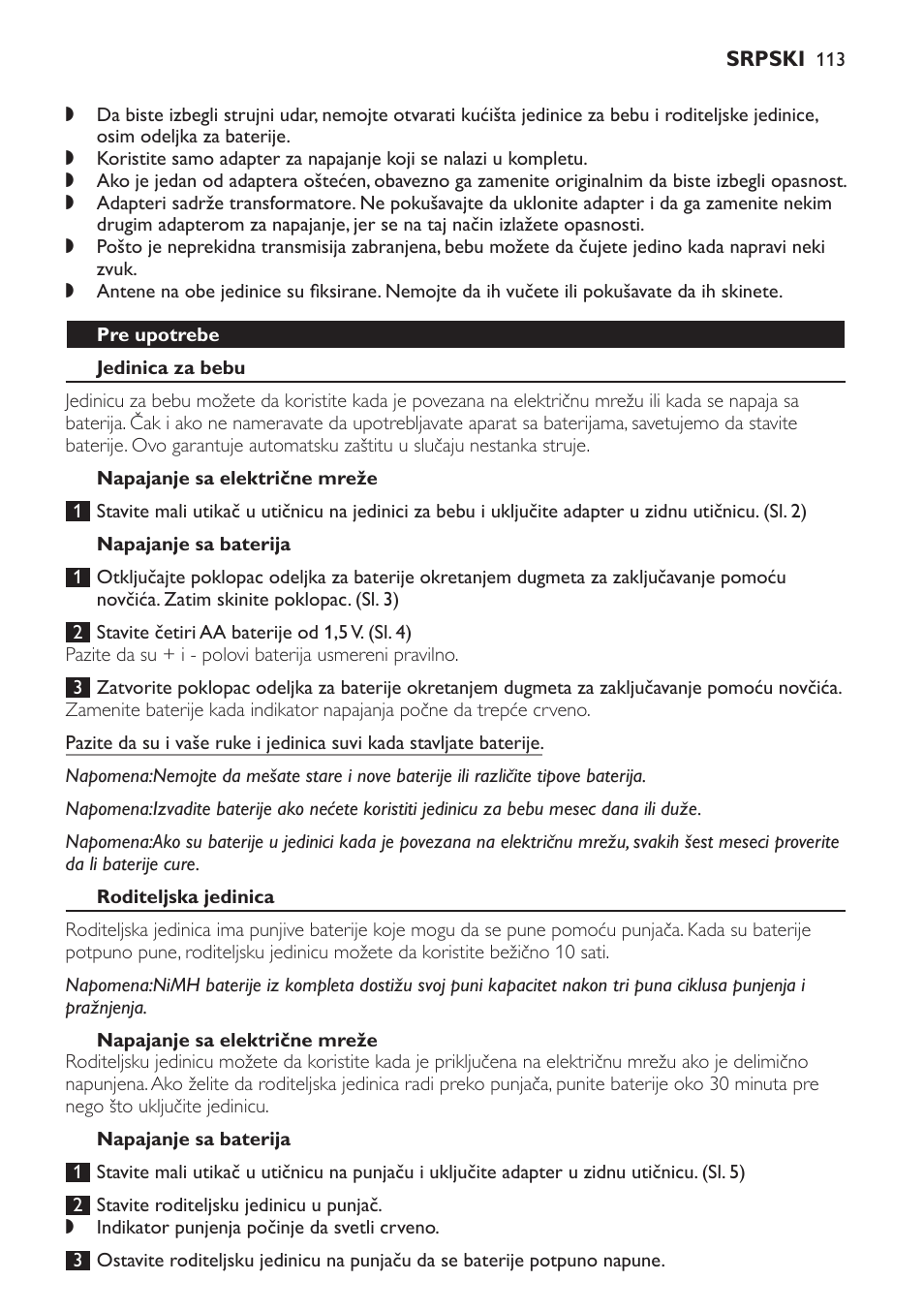 Pre upotrebe, Jedinica za bebu, Napajanje sa električne mreže | Napajanje sa baterija, Roditeljska jedinica | Philips SCX465 User Manual | Page 113 / 132