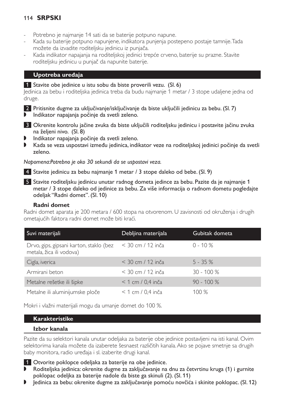 Radni domet, Upotreba uređaja, Karakteristike | Izbor kanala | Philips SCX465 User Manual | Page 114 / 132