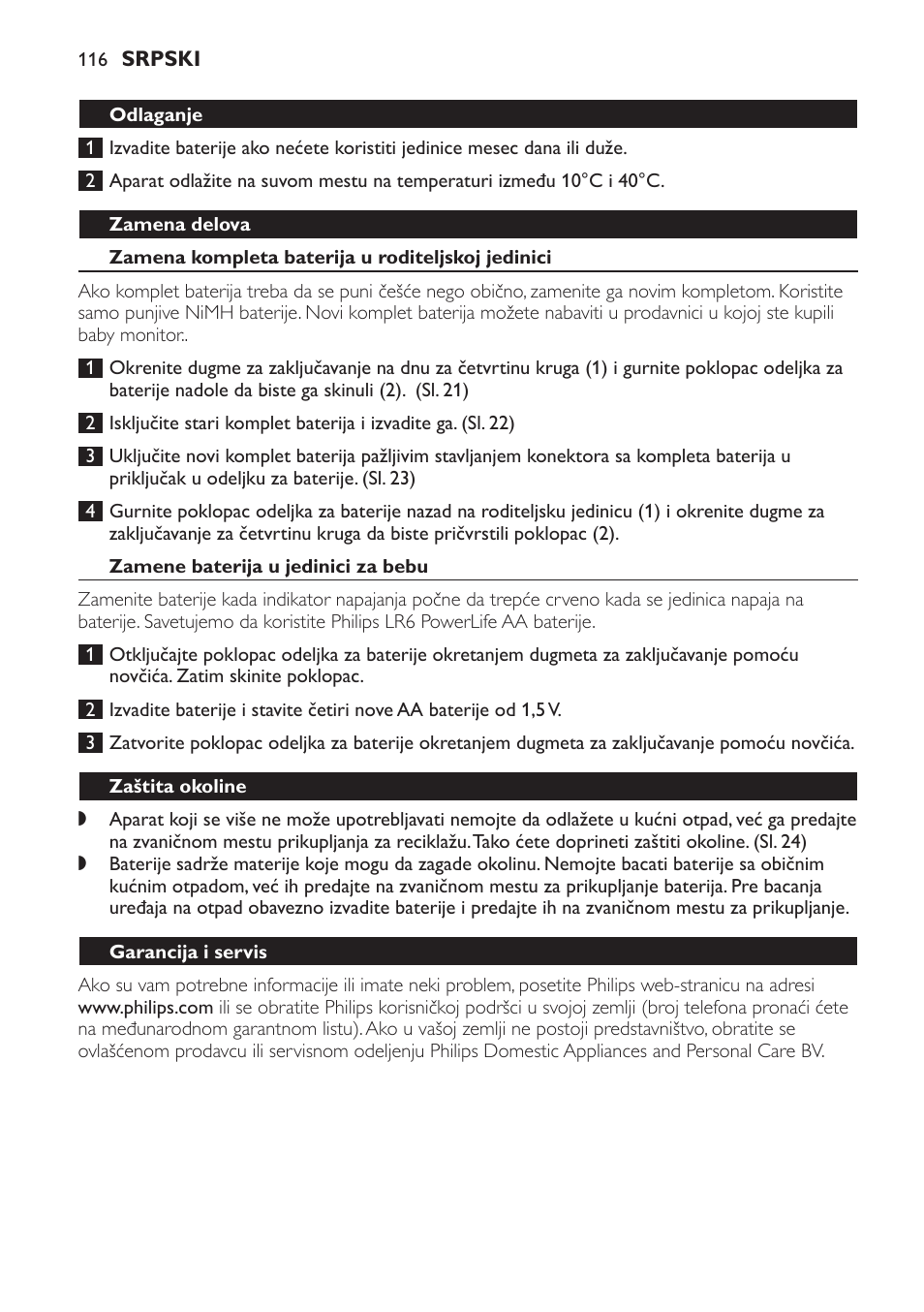 Odlaganje, Zamena delova, Zamena kompleta baterija u roditeljskoj jedinici | Zamene baterija u jedinici za bebu, Zaštita okoline, Garancija i servis, Najčešća pitanja | Philips SCX465 User Manual | Page 116 / 132