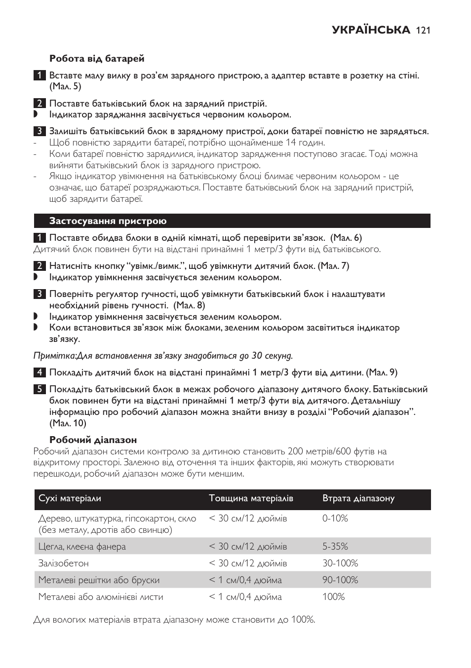 Робота від батарей, Робочий діапазон, Застосування пристрою | Philips SCX465 User Manual | Page 121 / 132