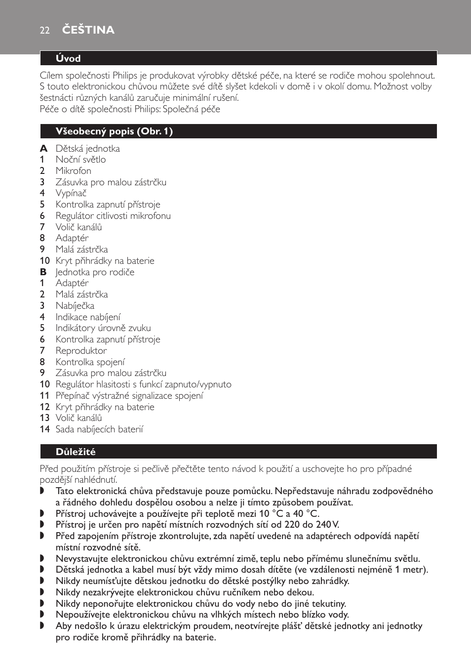 Čeština, Úvod, Všeobecný popis﻿ (obr. 1) | Důležité | Philips SCX465 User Manual | Page 22 / 132