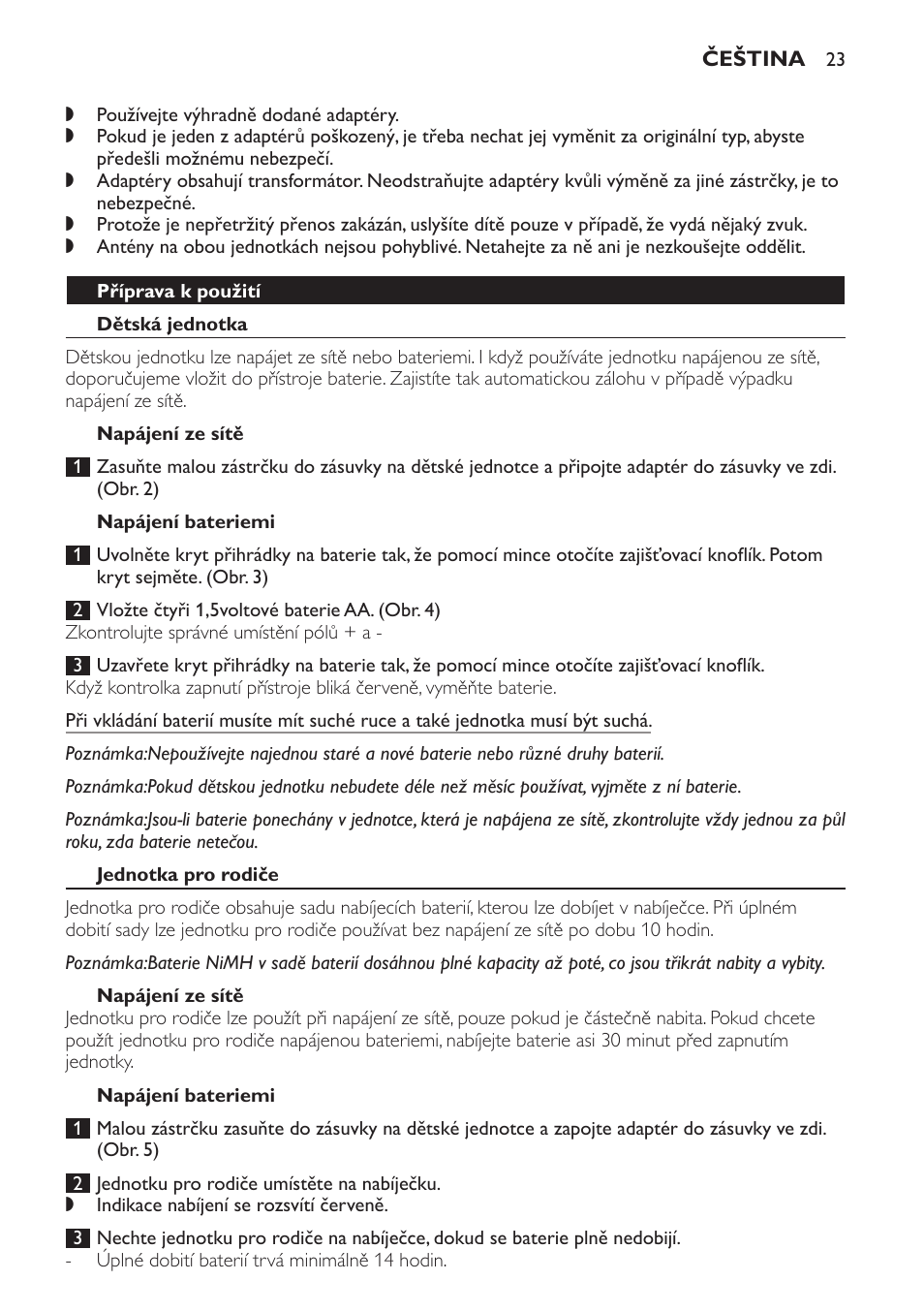 Příprava k použití, Dětská jednotka, Napájení ze sítě | Napájení bateriemi, Jednotka pro rodiče | Philips SCX465 User Manual | Page 23 / 132