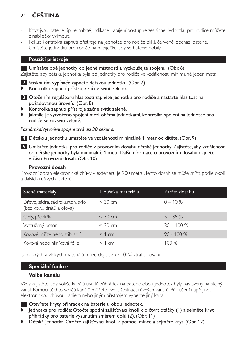 Provozní dosah, Použití přístroje, Speciální funkce | Volba kanálů | Philips SCX465 User Manual | Page 24 / 132