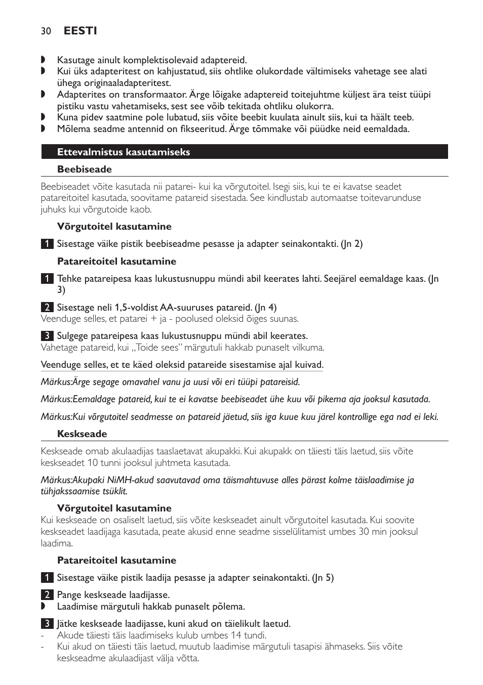 Ettevalmistus kasutamiseks, Beebiseade, Võrgutoitel kasutamine | Patareitoitel kasutamine, Keskseade | Philips SCX465 User Manual | Page 30 / 132