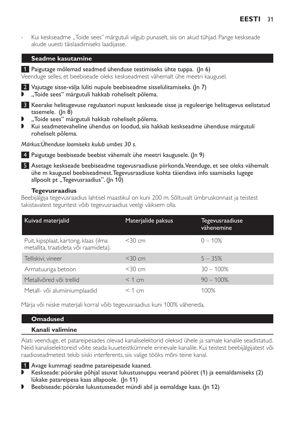 Tegevusraadius, Seadme kasutamine, Omadused | Kanali valimine | Philips SCX465 User Manual | Page 31 / 132