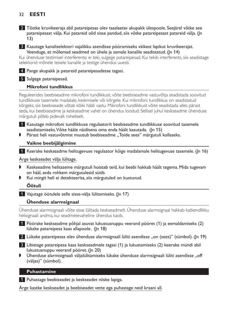 Mikrofoni tundlikkus, Vaikne beebijälgimine, Öötuli | Ühenduse alarmsignaal, Puhastamine, Hoidmine | Philips SCX465 User Manual | Page 32 / 132