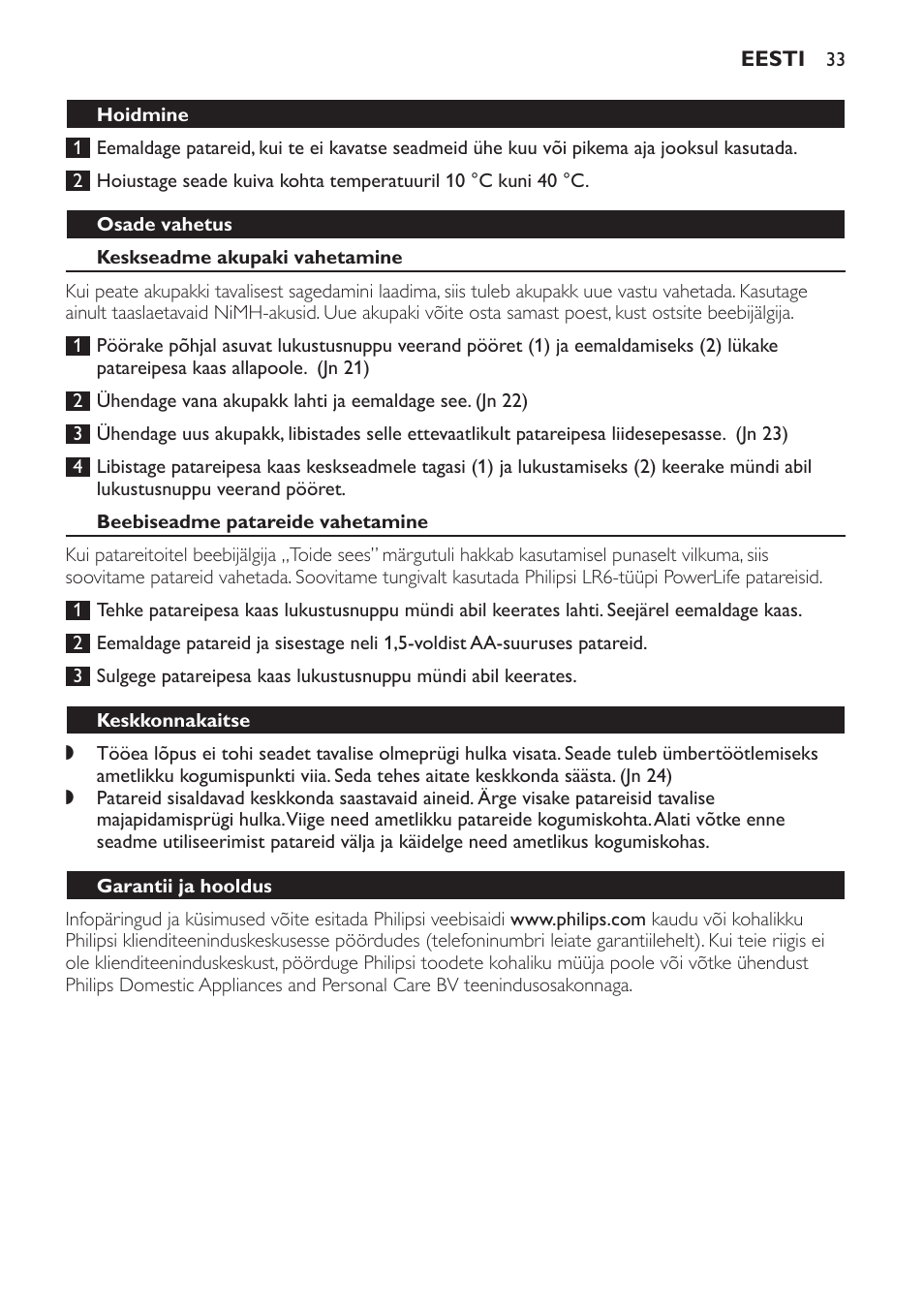 Osade vahetus, Keskseadme akupaki vahetamine, Beebiseadme patareide vahetamine | Keskkonnakaitse, Garantii ja hooldus, Sageli esitatavad küsimused | Philips SCX465 User Manual | Page 33 / 132
