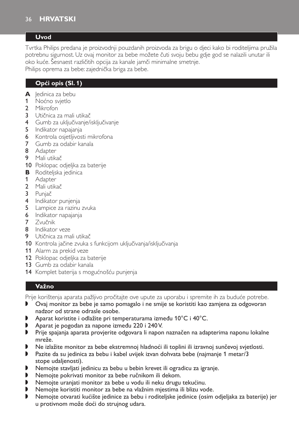 Hrvatski, Uvod, Opći opis﻿ (sl. 1) | Važno | Philips SCX465 User Manual | Page 36 / 132