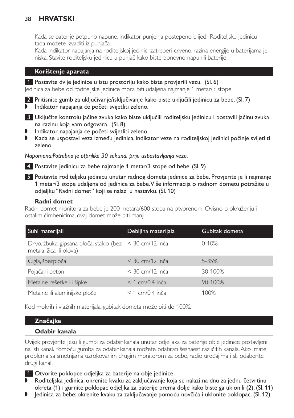 Radni domet, Korištenje aparata, Značajke | Odabir kanala | Philips SCX465 User Manual | Page 38 / 132