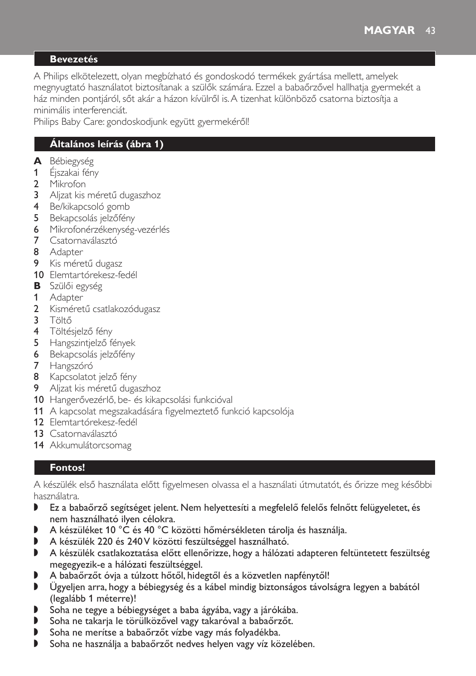 Magyar, Bevezetés, Általános leírás﻿ (ábra 1) | Fontos | Philips SCX465 User Manual | Page 43 / 132