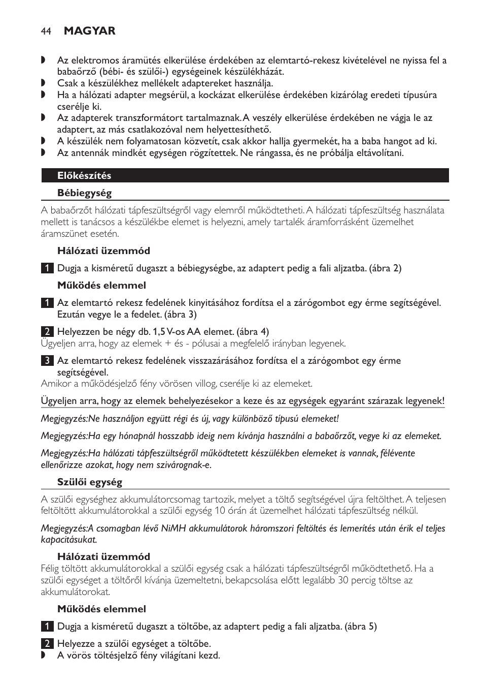 Előkészítés, Bébiegység, Hálózati üzemmód | Működés elemmel, Szülői egység | Philips SCX465 User Manual | Page 44 / 132