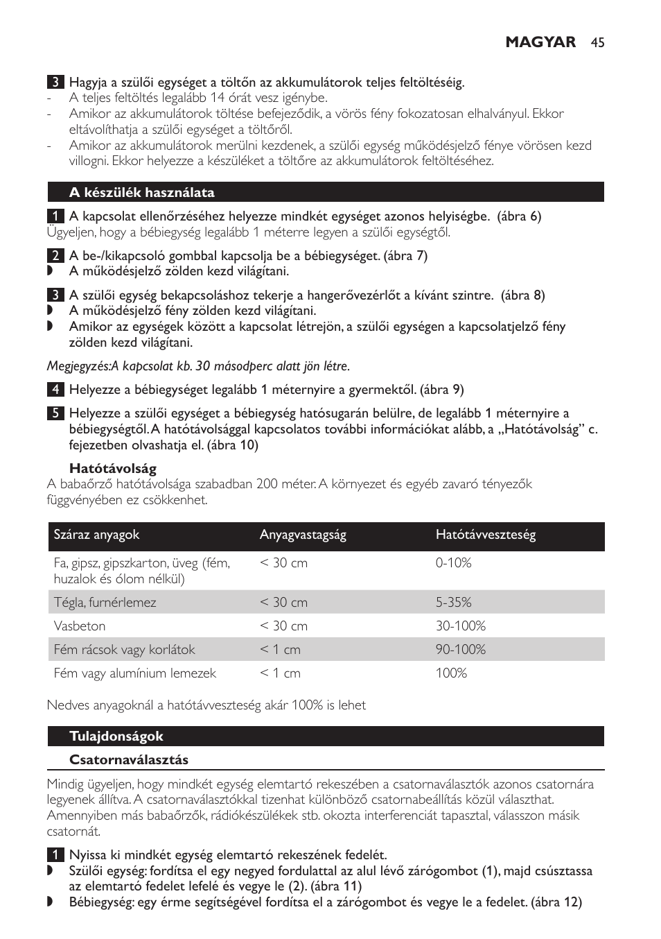 Hatótávolság, A készülék használata, Tulajdonságok | Csatornaválasztás | Philips SCX465 User Manual | Page 45 / 132
