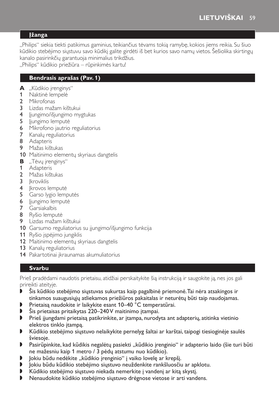 Lietuviškai, Įžanga, Bendrasis aprašas﻿ (pav. 1) | Svarbu | Philips SCX465 User Manual | Page 59 / 132