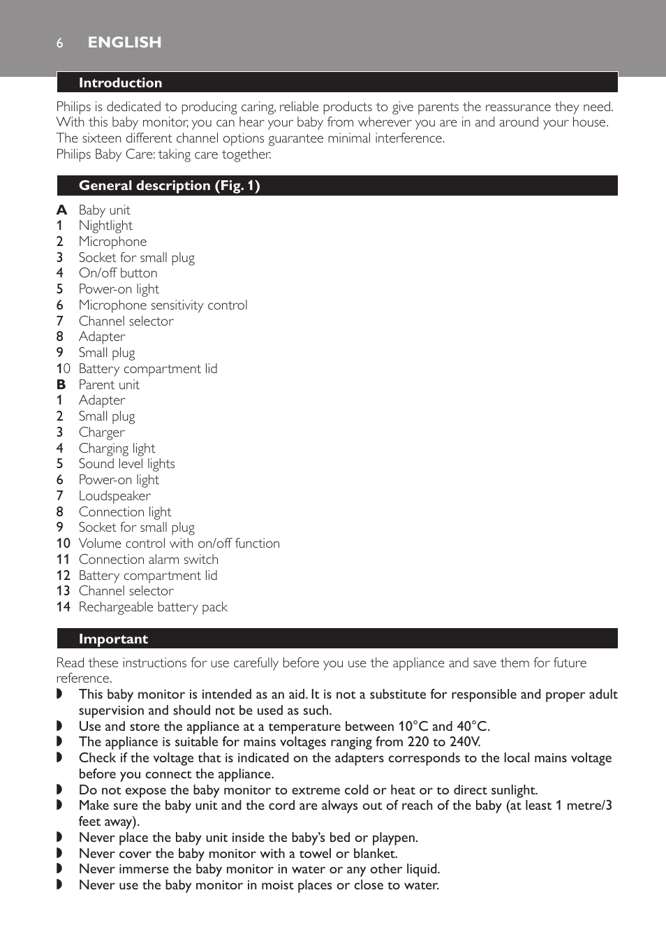 English, Introduction, General description﻿ (fig. 1) | Important | Philips SCX465 User Manual | Page 6 / 132