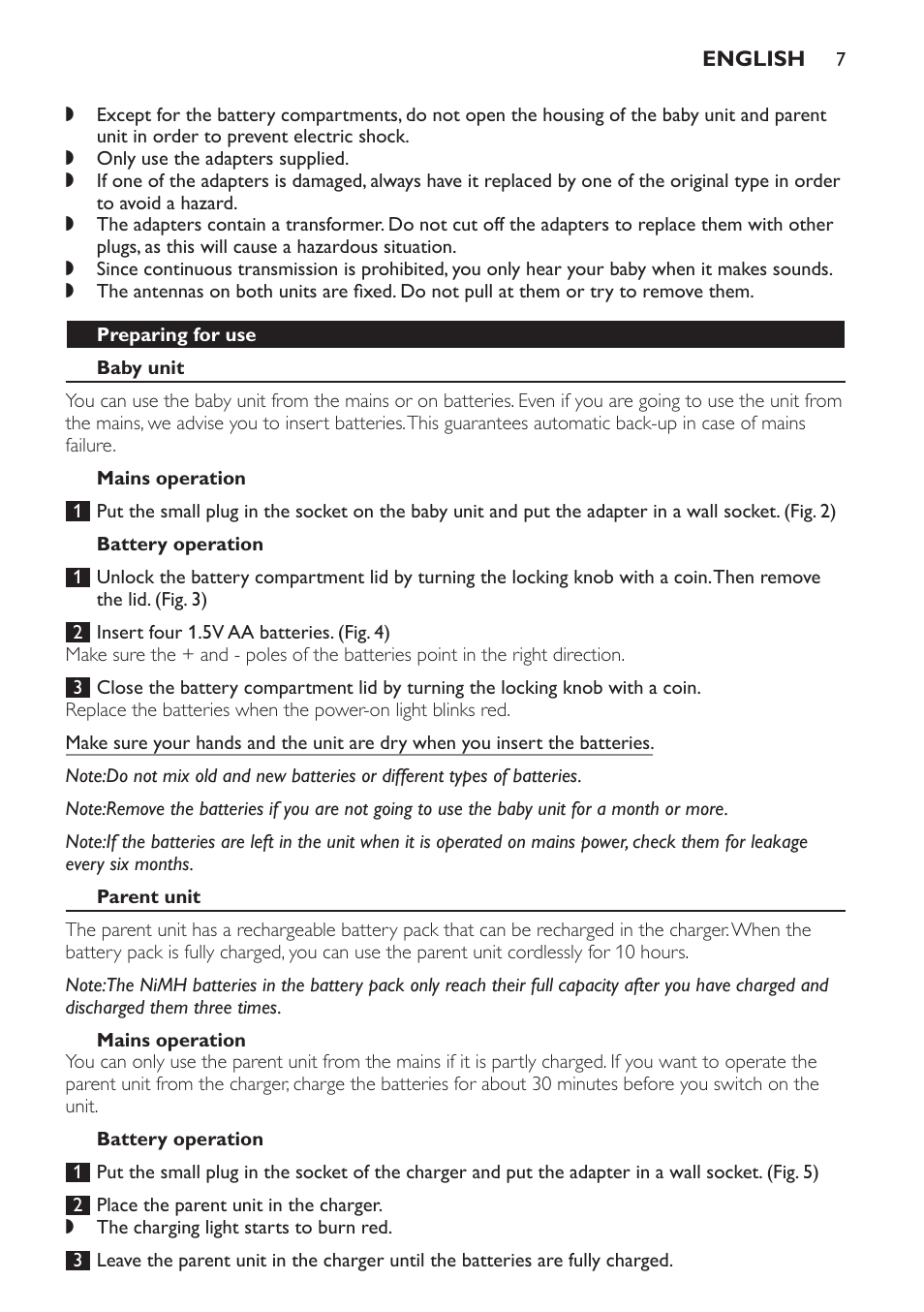 Preparing for use, Baby unit, Mains operation | Battery operation, Parent unit | Philips SCX465 User Manual | Page 7 / 132