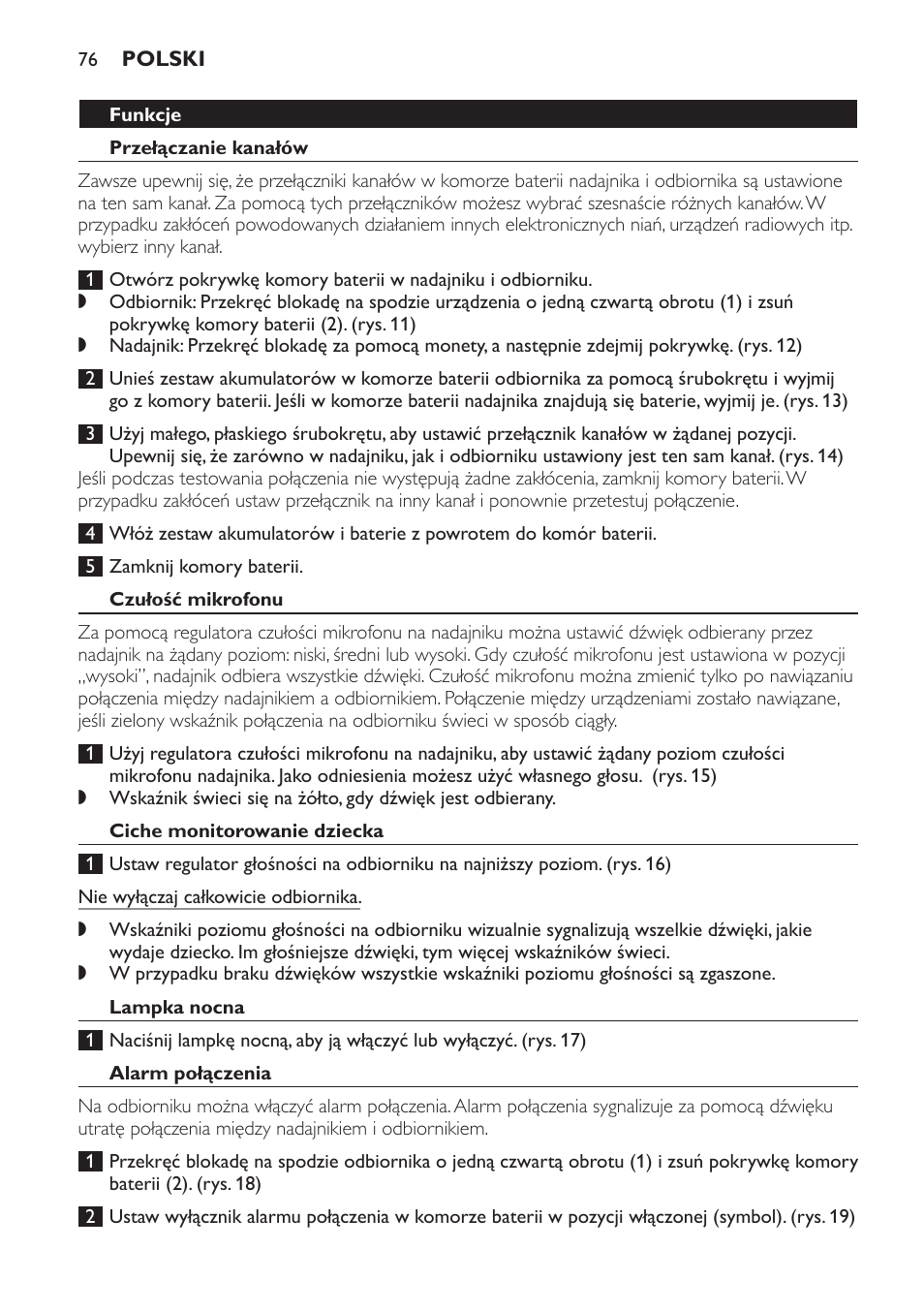 Funkcje, Przełączanie kanałów, Czułość mikrofonu | Ciche monitorowanie dziecka, Lampka nocna, Alarm połączenia | Philips SCX465 User Manual | Page 76 / 132