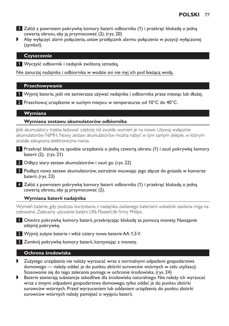 Czyszczenie, Przechowywanie, Wymiana | Wymiana zestawu akumulatorów odbiornika, Wymiana baterii nadajnika, Ochrona środowiska, Gwarancja i serwis | Philips SCX465 User Manual | Page 77 / 132