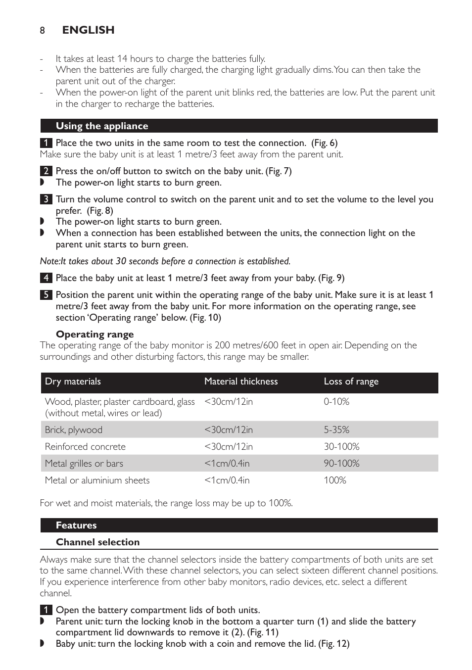 Operating range, Using the appliance, Features | Channel selection | Philips SCX465 User Manual | Page 8 / 132