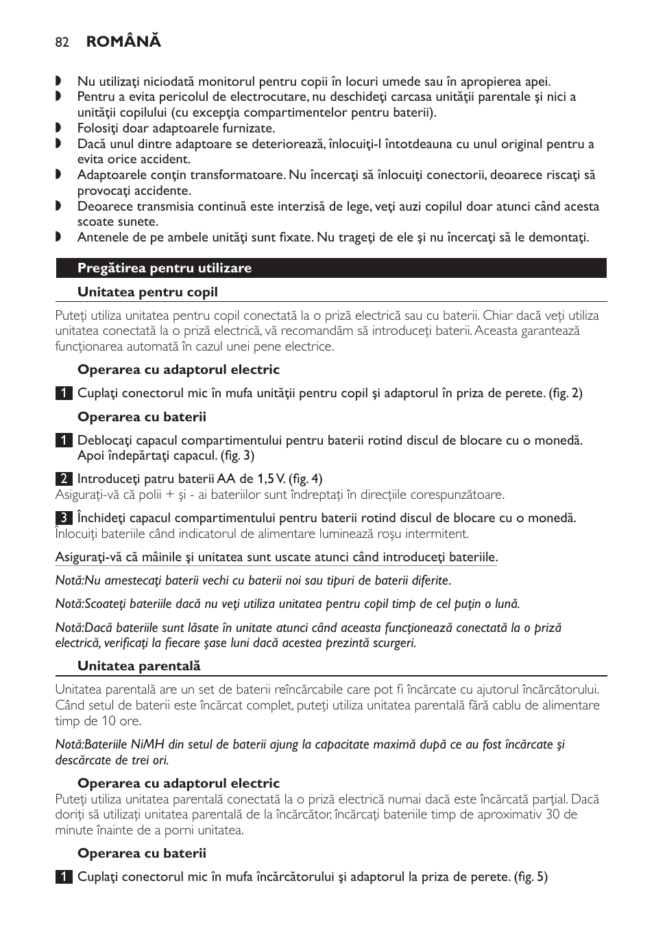 Pregătirea pentru utilizare, Unitatea pentru copil, Operarea cu adaptorul electric | Operarea cu baterii, Unitatea parentală | Philips SCX465 User Manual | Page 82 / 132