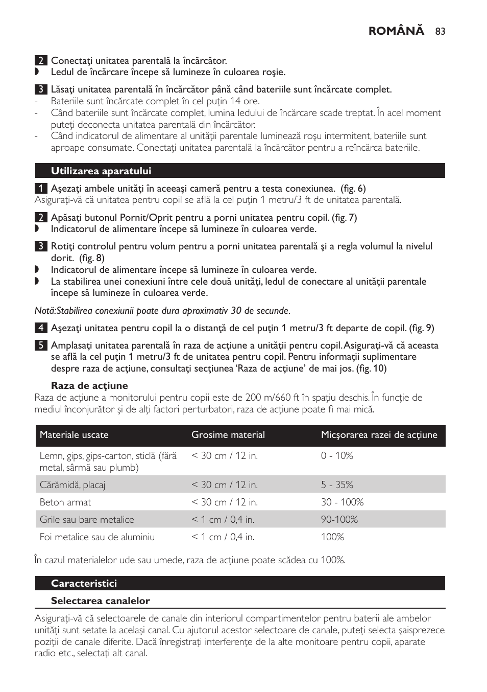 Raza de acţiune, Utilizarea aparatului, Caracteristici | Selectarea canalelor | Philips SCX465 User Manual | Page 83 / 132