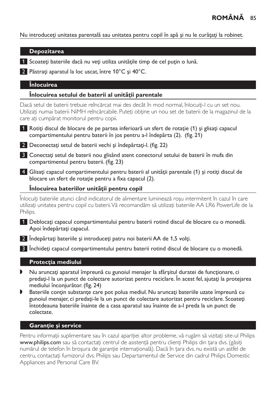 Depozitarea, Înlocuirea, Înlocuirea bateriilor unităţii pentru copil | Protecţia mediului, Garanţie şi service, Întrebări frecvente | Philips SCX465 User Manual | Page 85 / 132